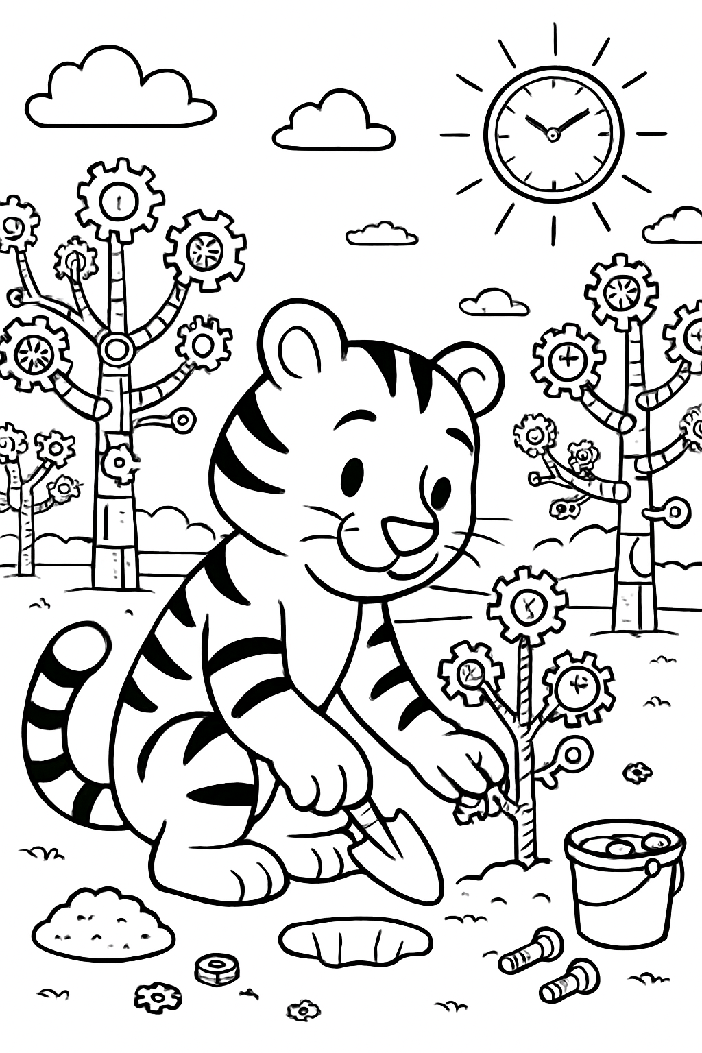 tiger planting mechanical trees in clockwork orchard