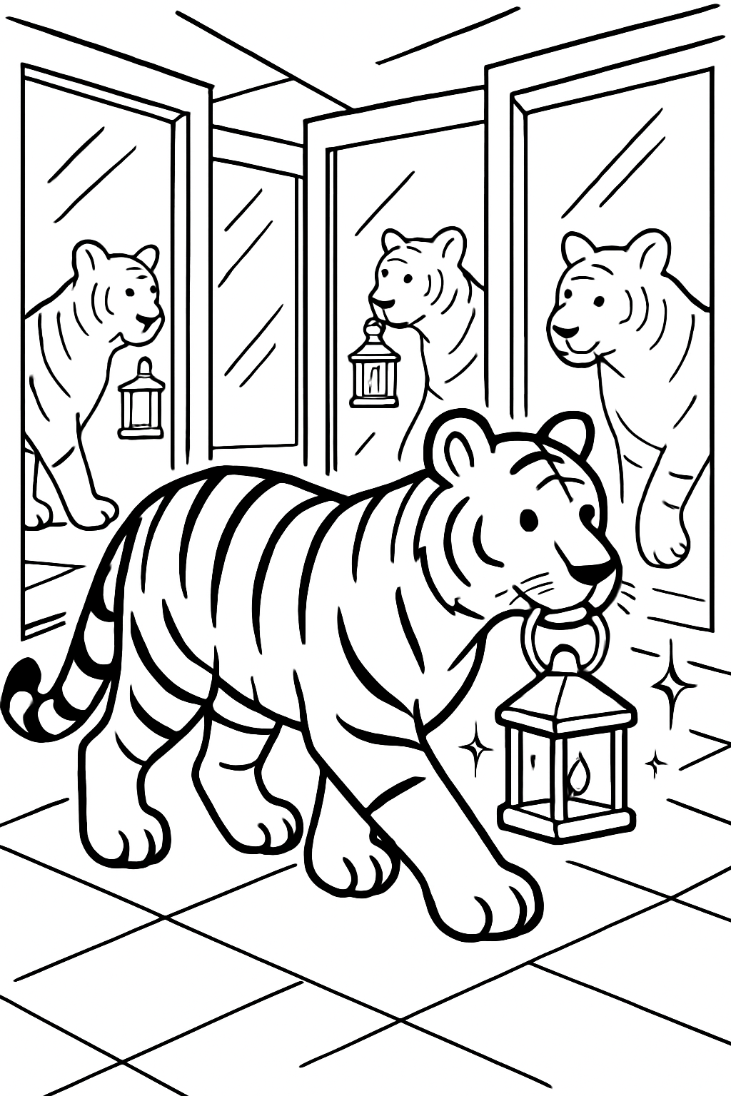 tiger navigating labyrinth of mirrors with lantern