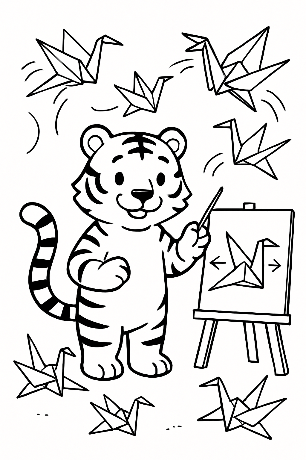 tiger teaching origami cranes to fly