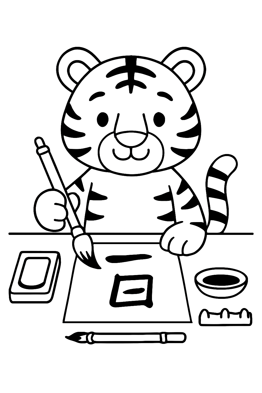 tiger practicing calligraphy using bamboo ink