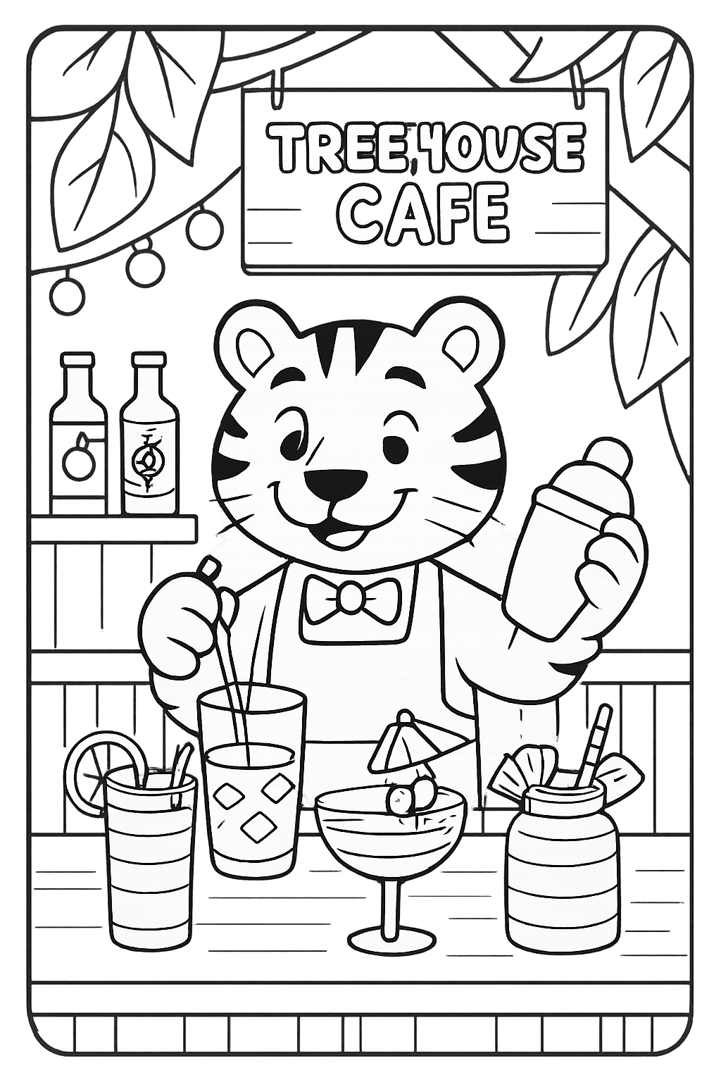 tiger mixing rainbow mocktails at treehouse cafe