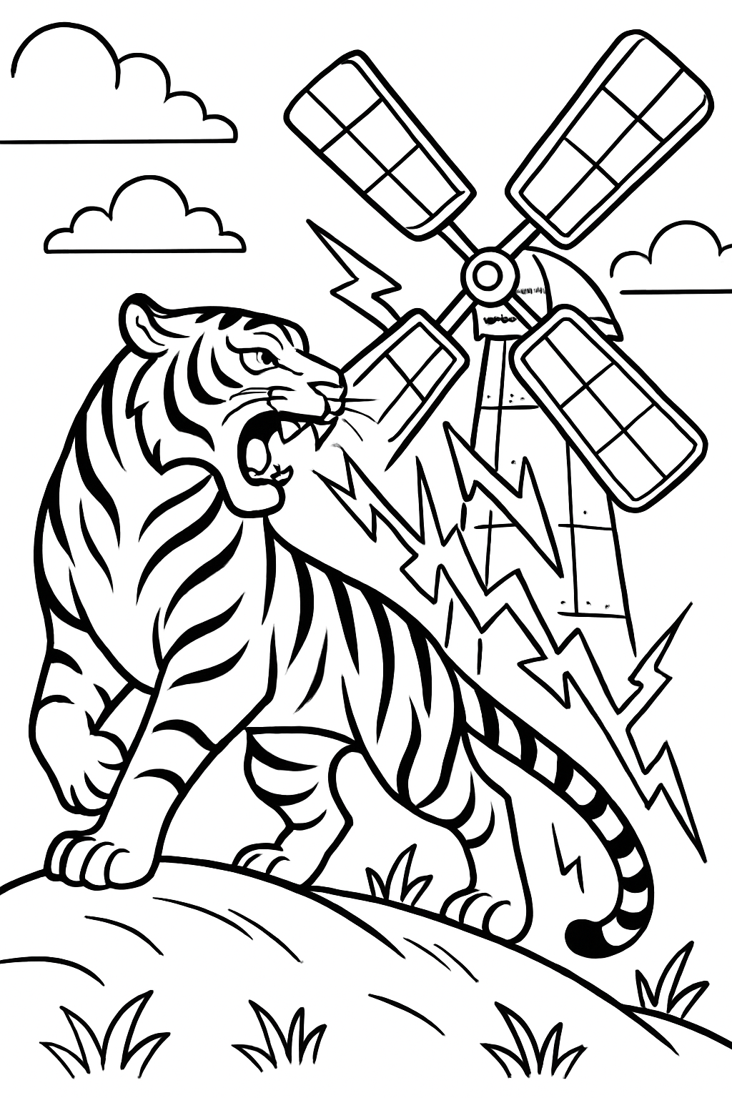 tiger channeling lightning through copper windmill