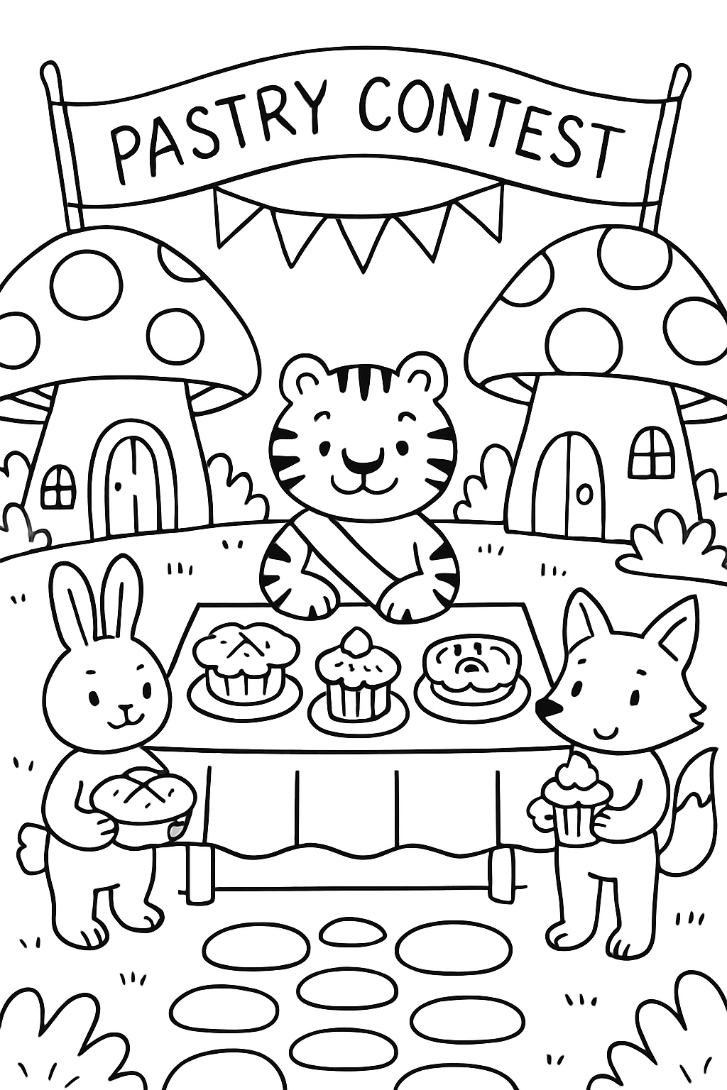 tiger judging pastry contest in mushroom village