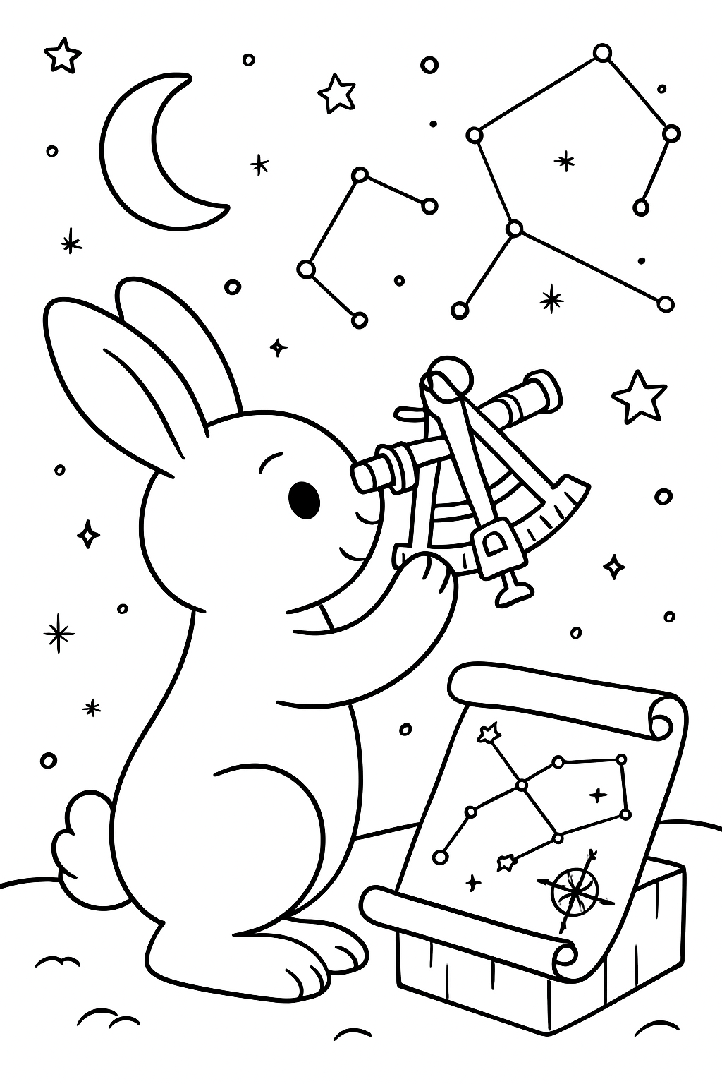 easter bunny mapping constellations with antique sextant
