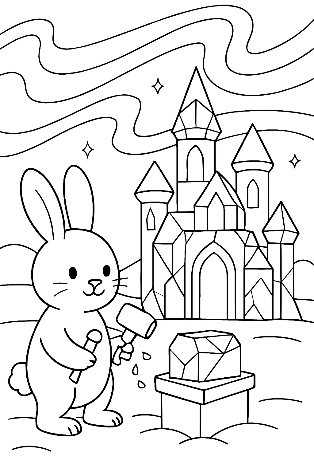 easter bunny sculpting ice palace under auroras