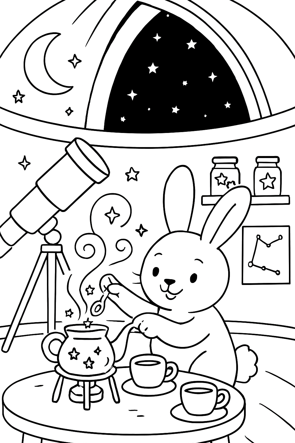 easter bunny brewing starlight tea in observatory