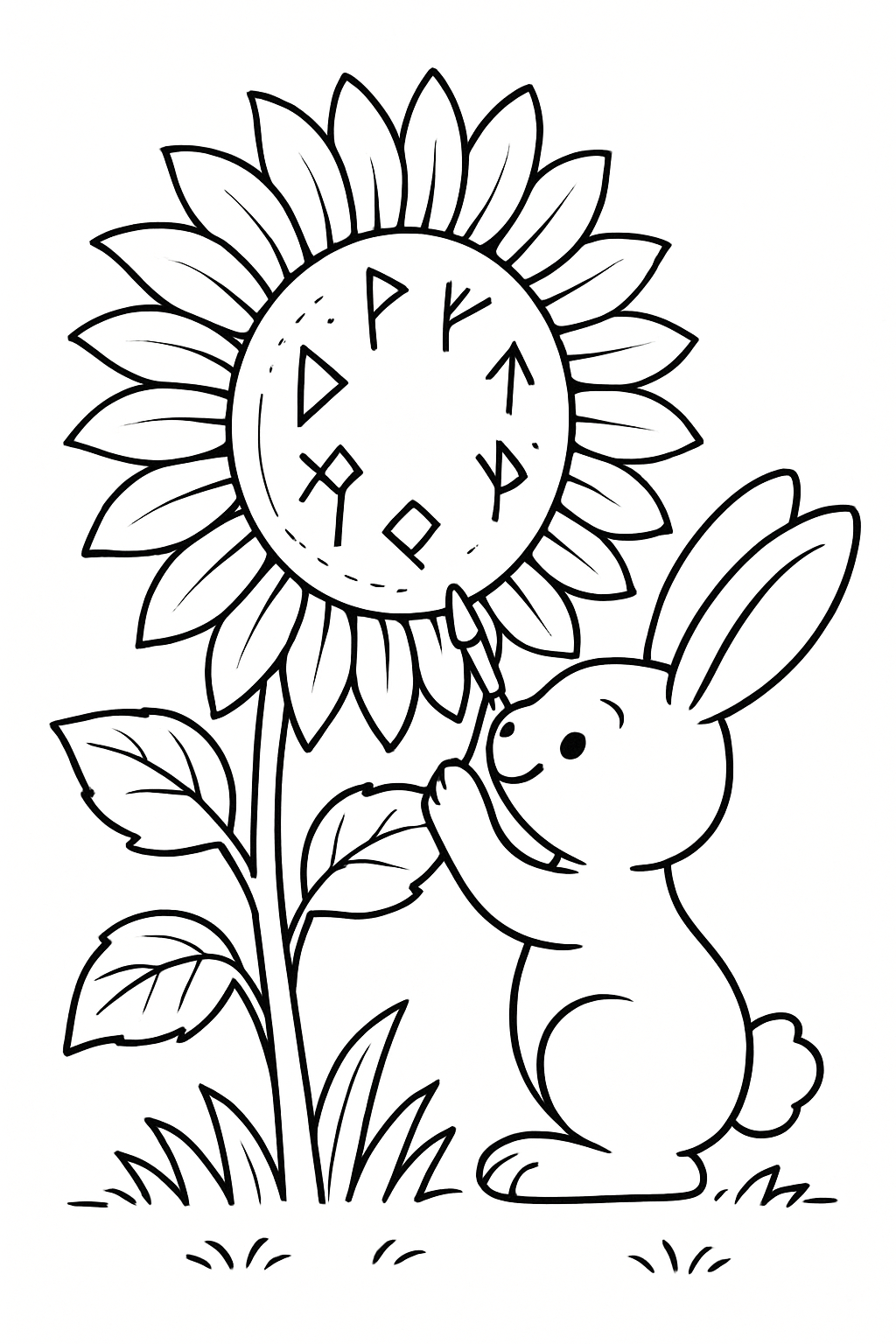 easter bunny carving runes on giant sunflower