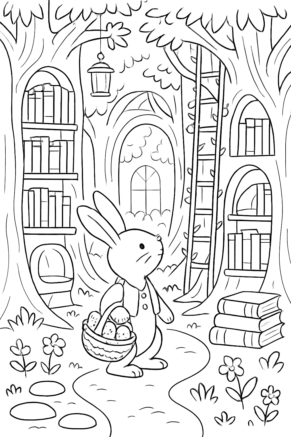 easter bunny exploring library grown from trees