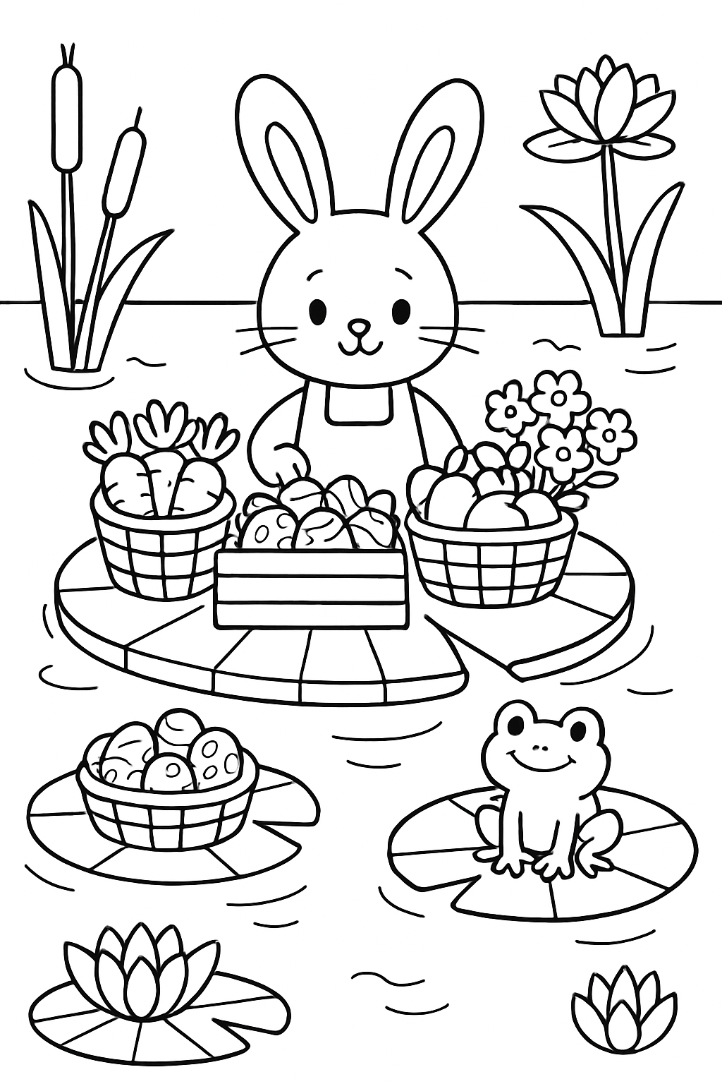 easter bunny operating floating market on lily pads