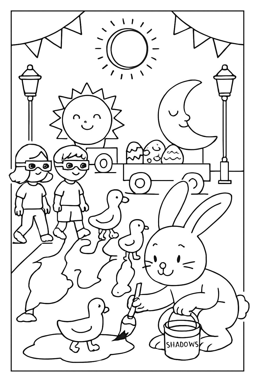 easter bunny painting shadows during eclipse parade