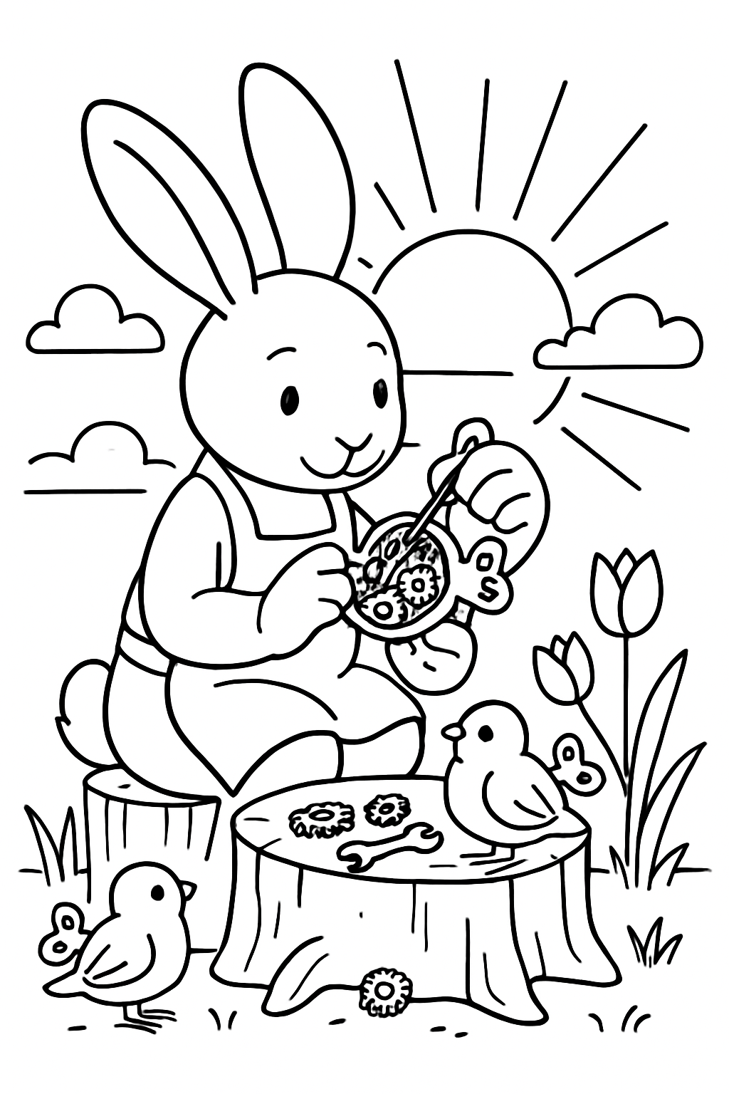 easter bunny repairing clockwork birds at dawn