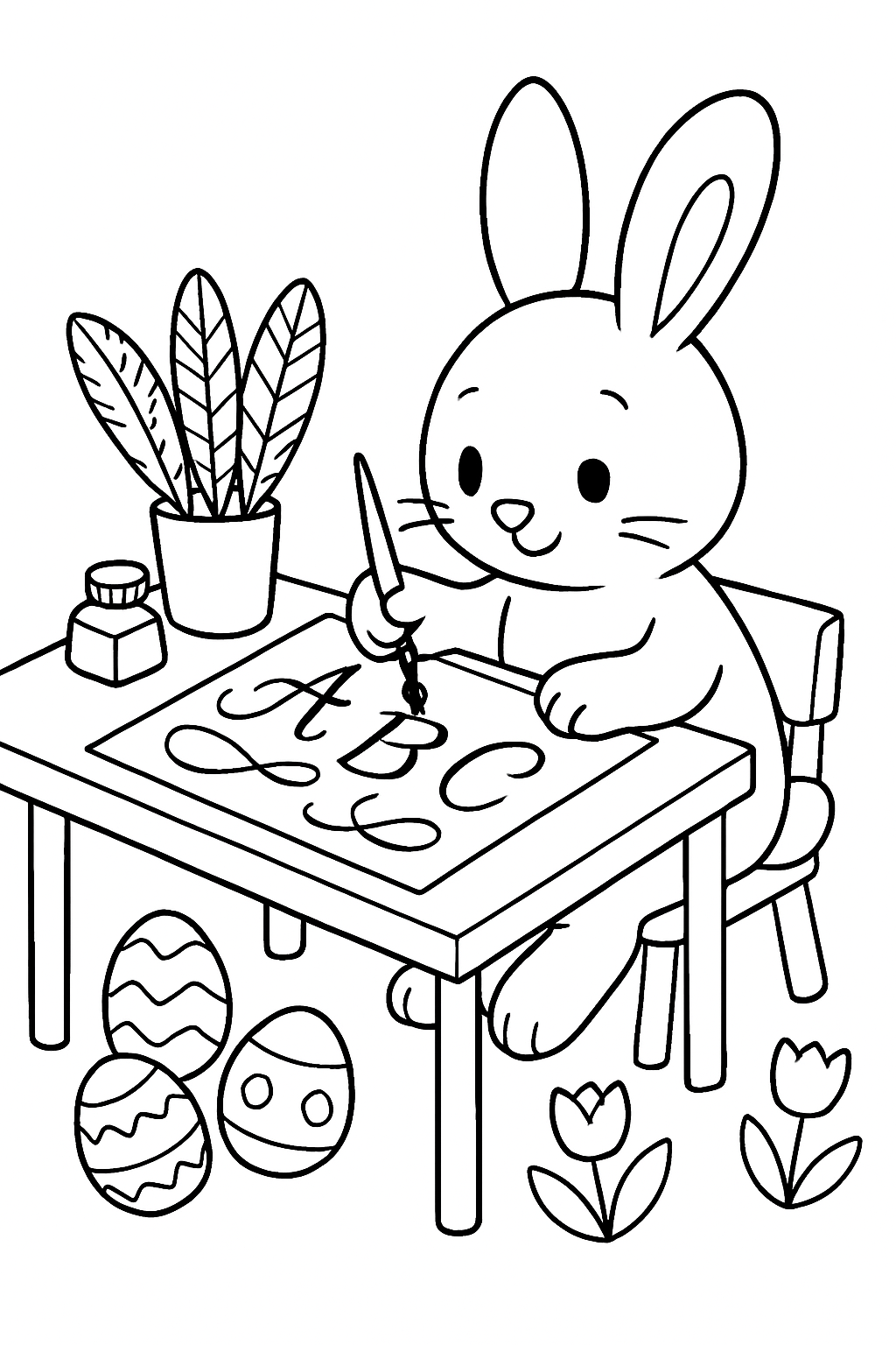 easter bunny practicing calligraphy with rainbow quills