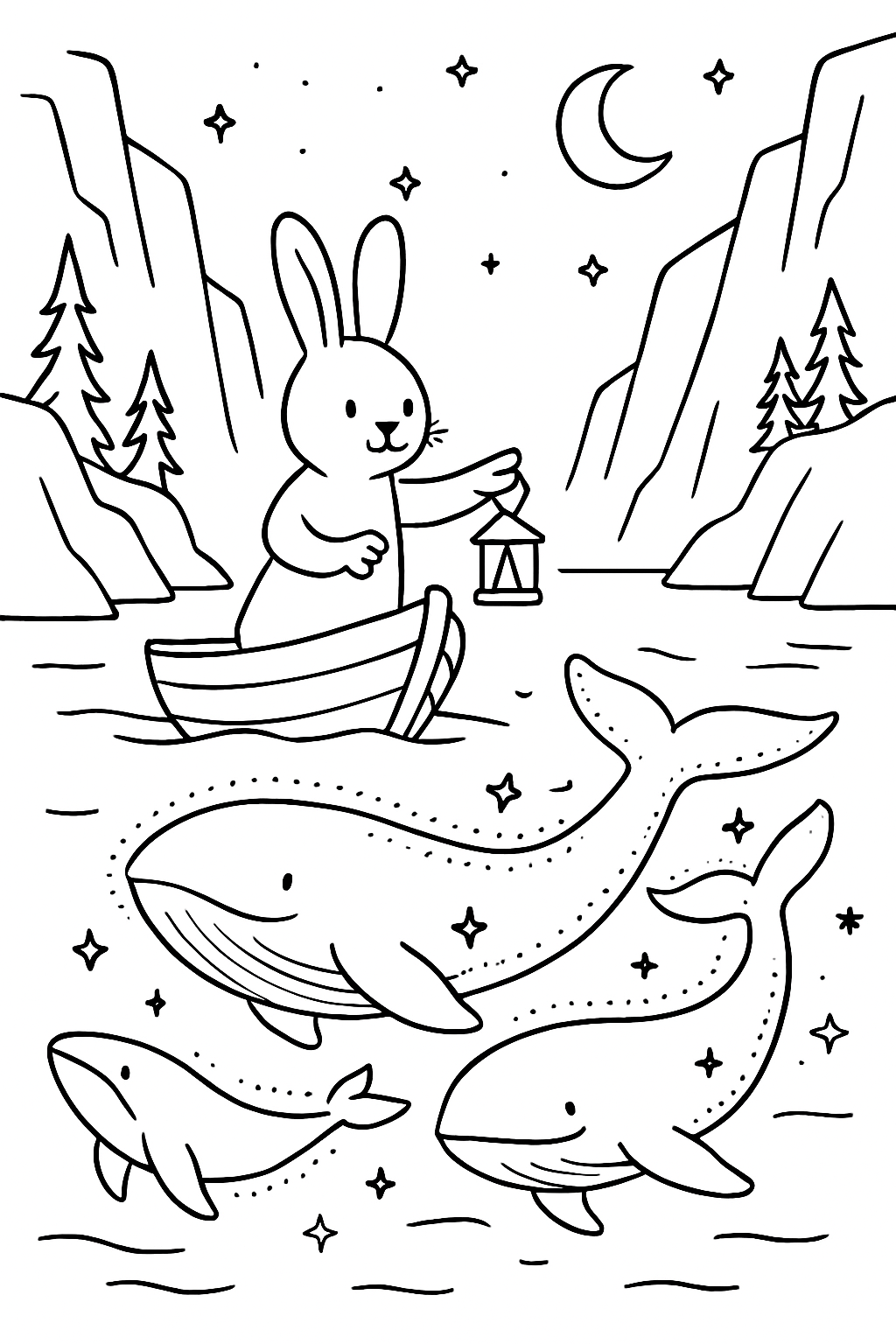 easter bunny guiding bioluminescent whales through fjord