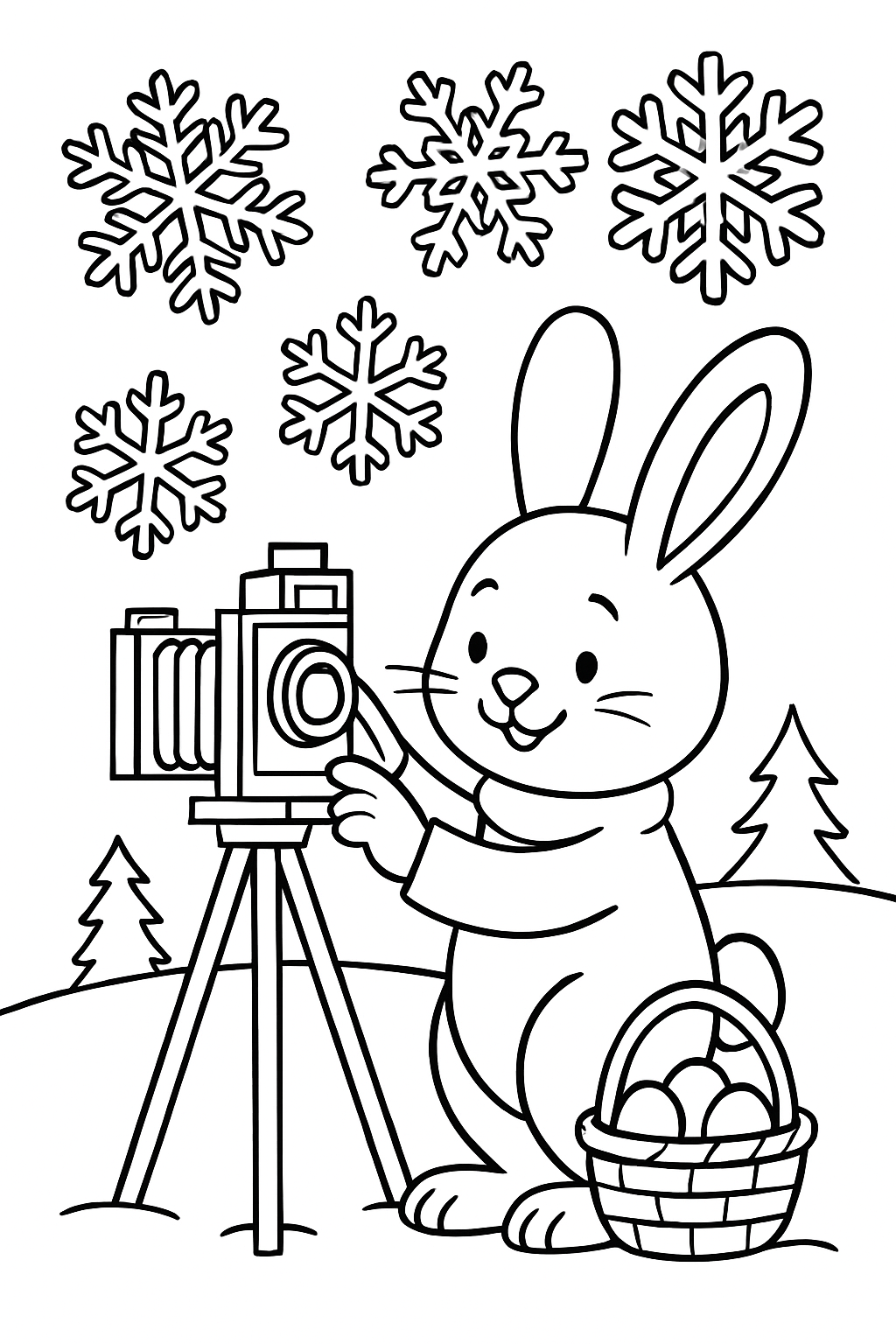 easter bunny photographing snowflakes with vintage camera