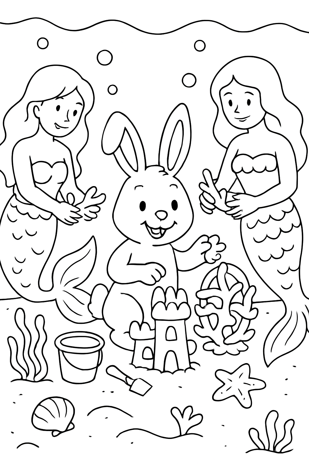easter bunny building coral sculptures with merfolk
