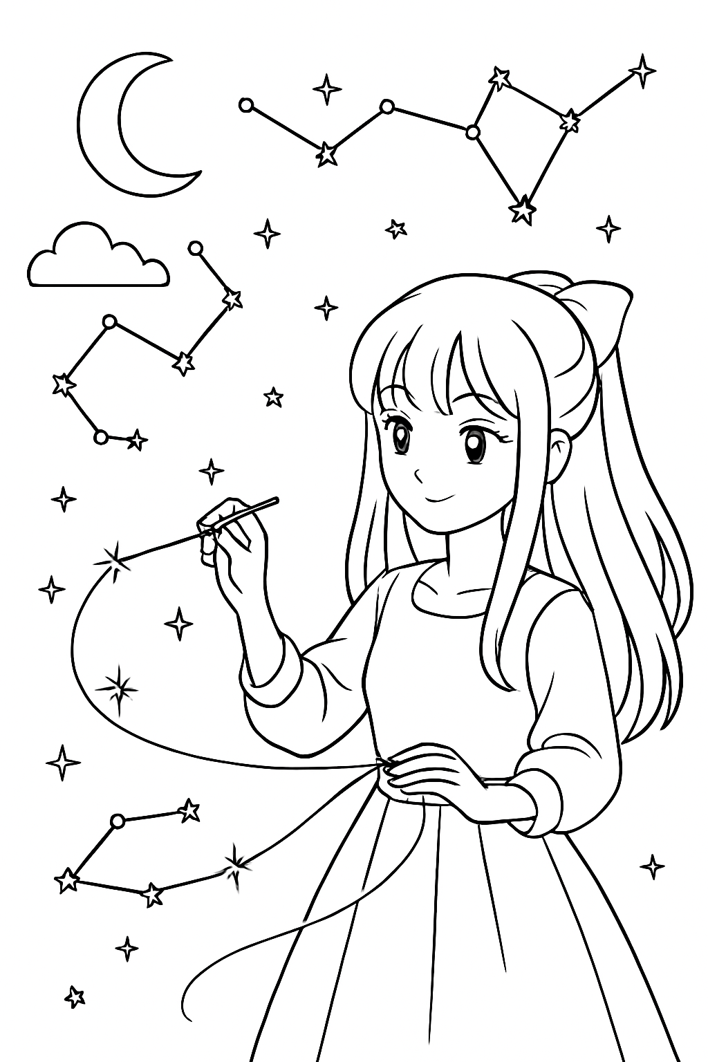 anime girl weaving constellations with silver thread