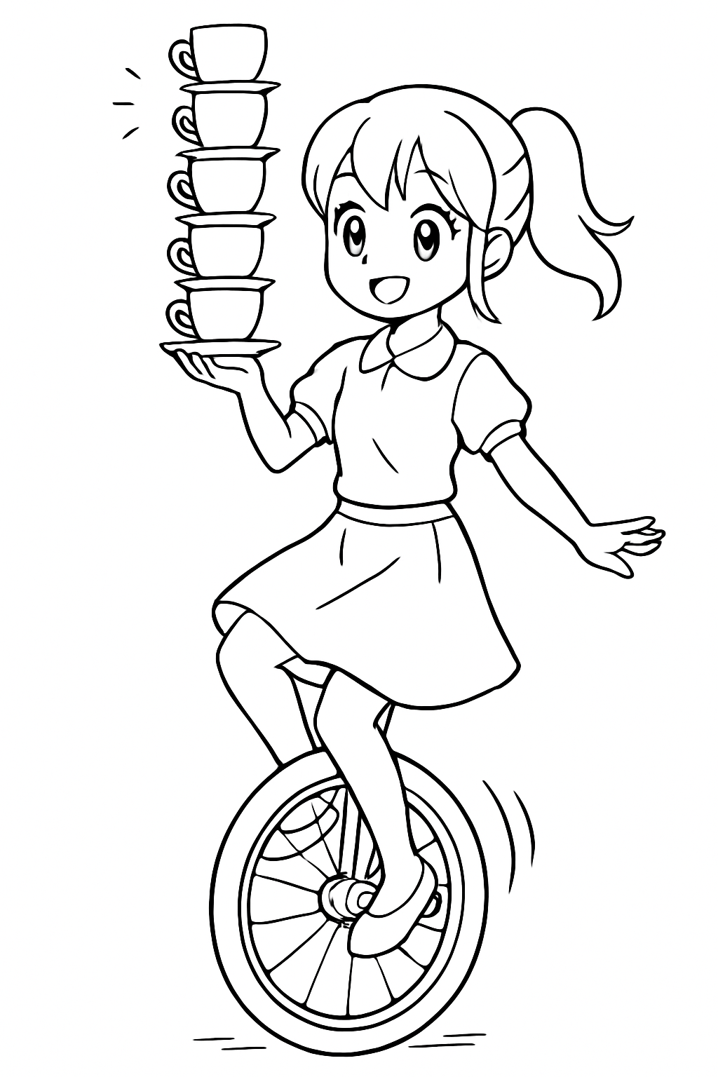 anime girl balancing teacups on a unicycle