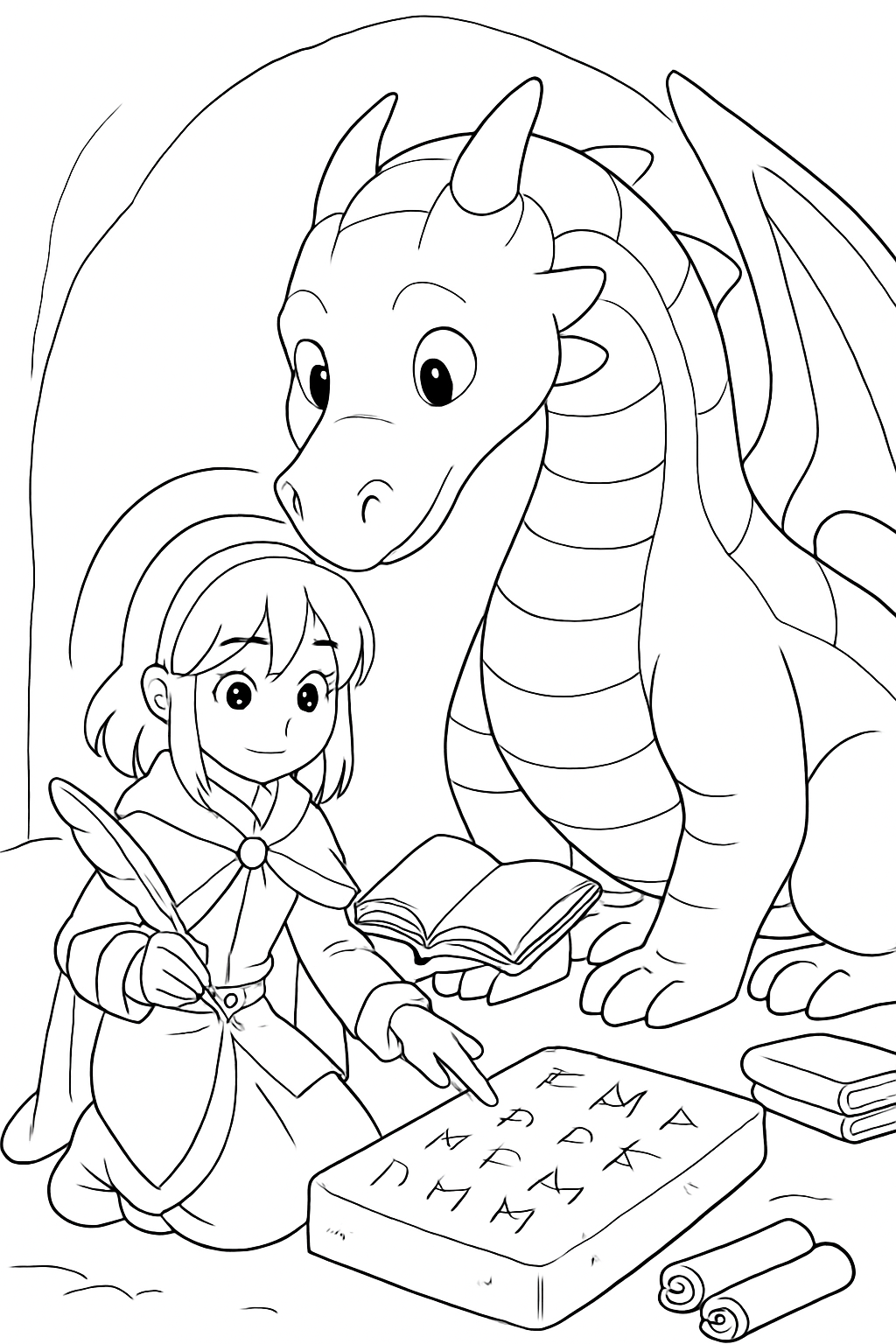 anime girl translating ancient runes for a dragon