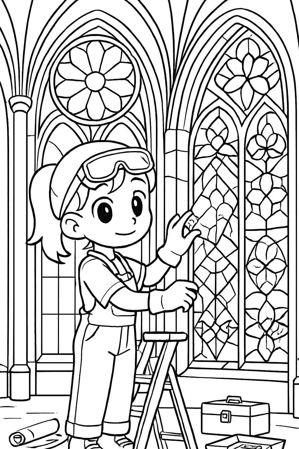 anime girl restoring shattered stained-glass cathedral windows