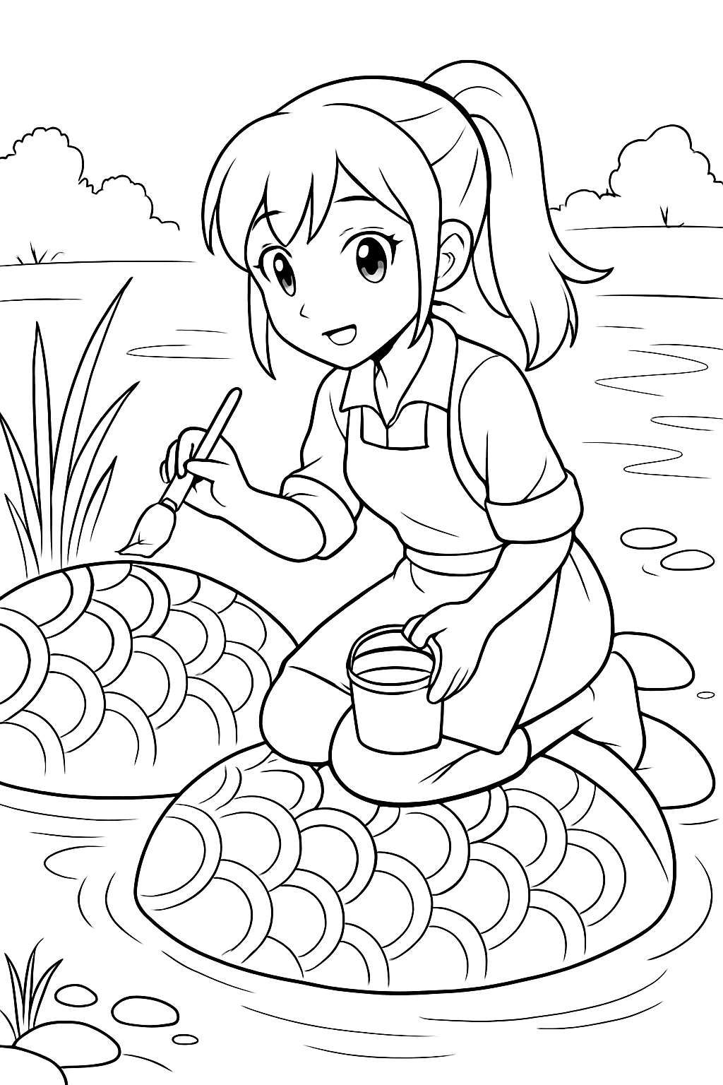 anime girl painting koi scales on river boulders