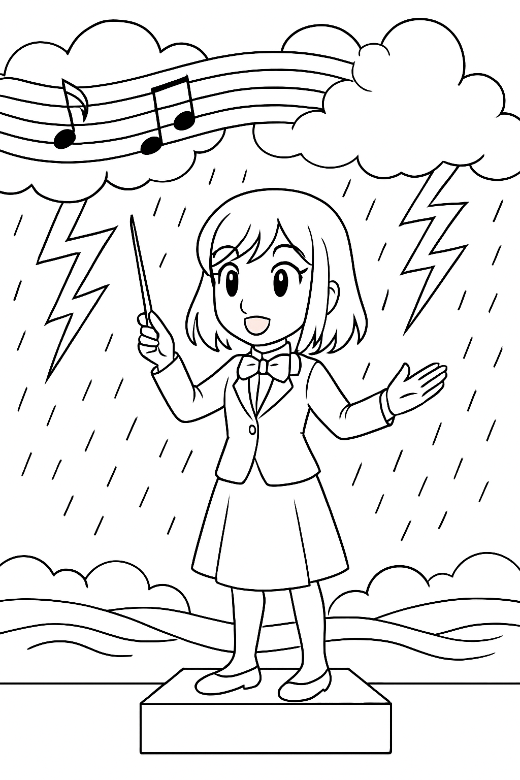 anime girl conducting thunderstorms with a conductor's baton