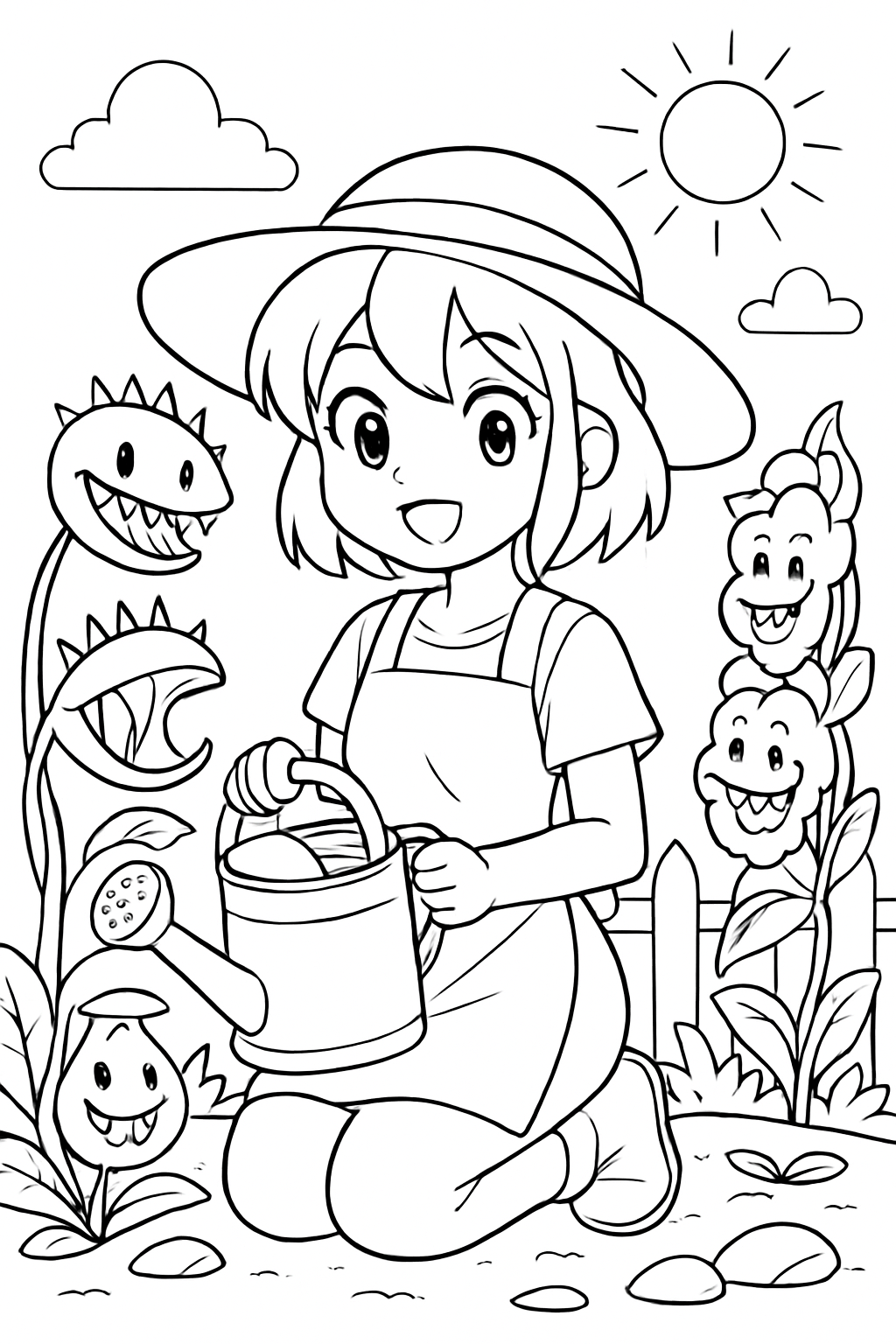 anime girl gardening among mischievous carnivorous flowers