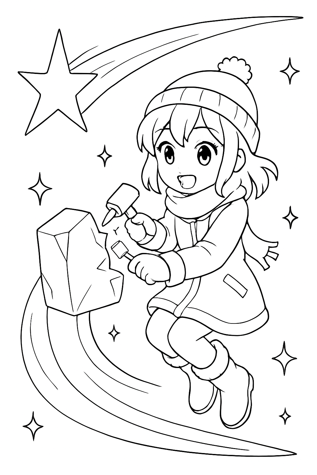 anime girl sculpting ice from a comet's tail