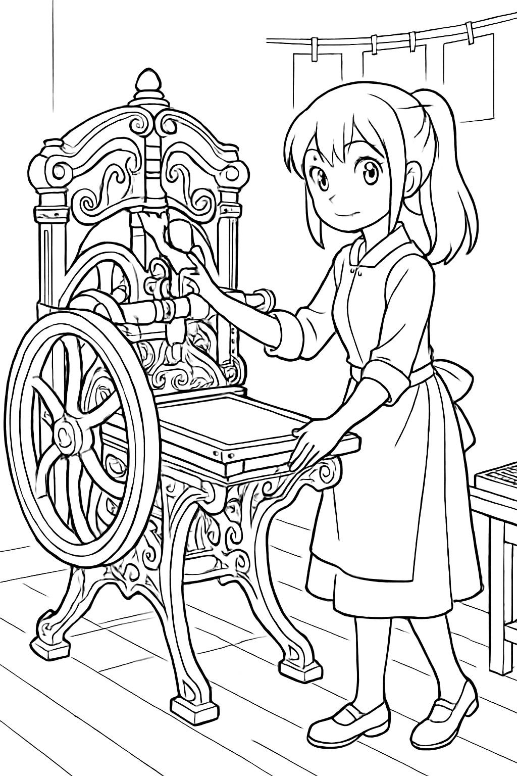 anime girl operating an ornate antique printing press