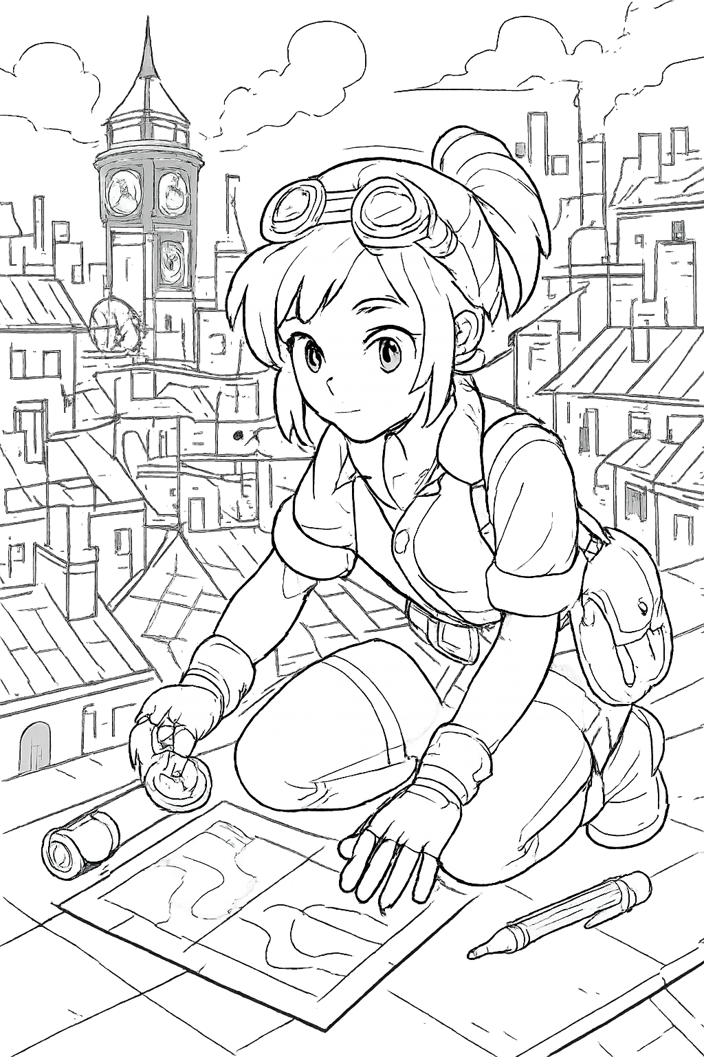 anime girl mapping rooftops of a clockwork city