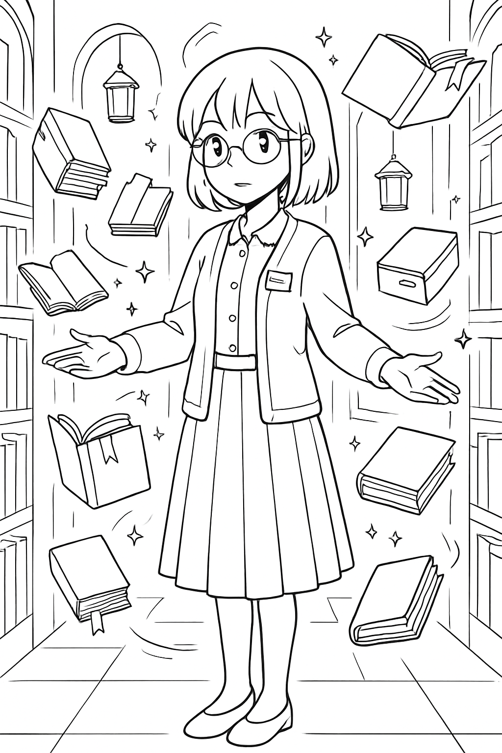anime girl stewarding a library of floating books