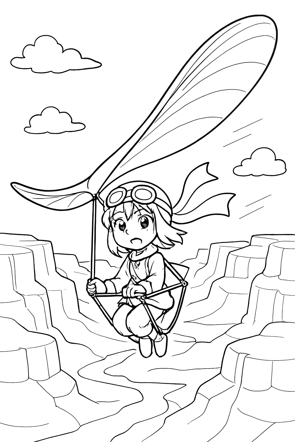 anime girl piloting a seed glider over canyons
