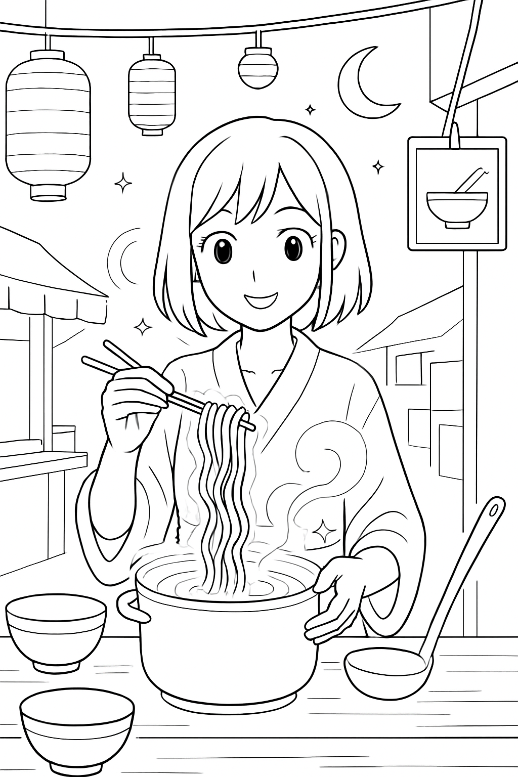 anime girl brewing neon noodles at midnight market
