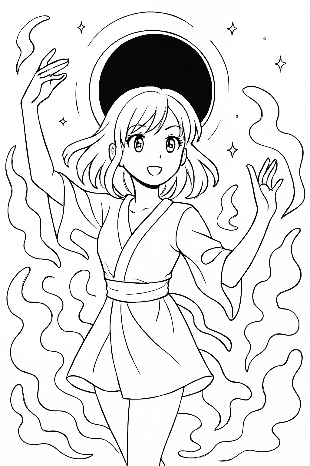 anime girl choreographing shadows under a lunar eclipse