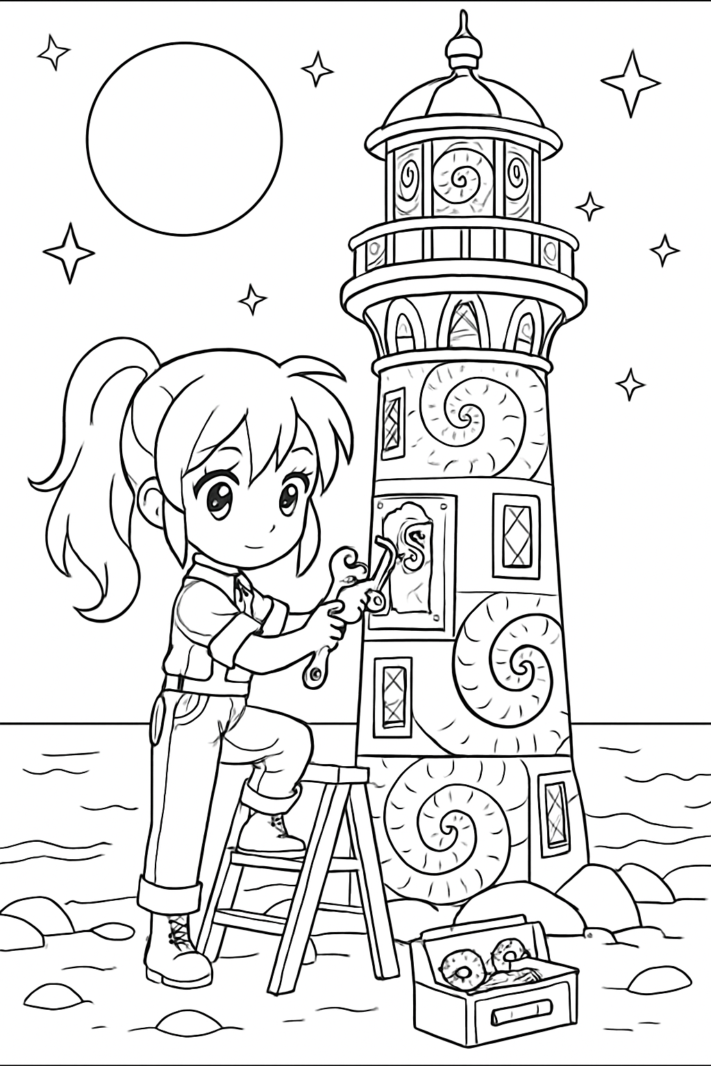 anime girl repairing a fractal lighthouse by moonlight