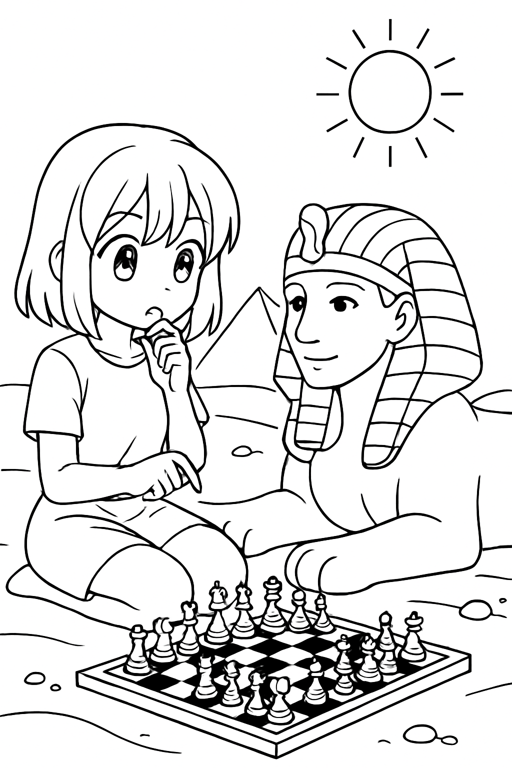 anime girl debating chess moves with a sphinx
