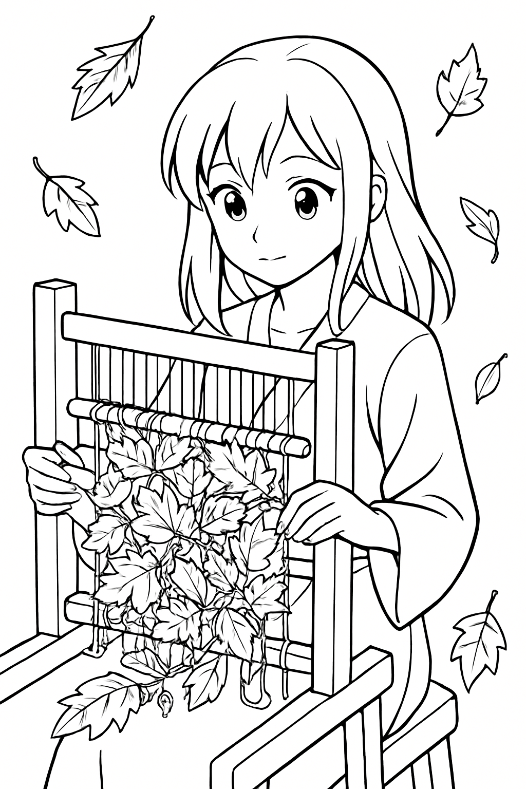 anime girl weaving tapestries from autumn leaves
