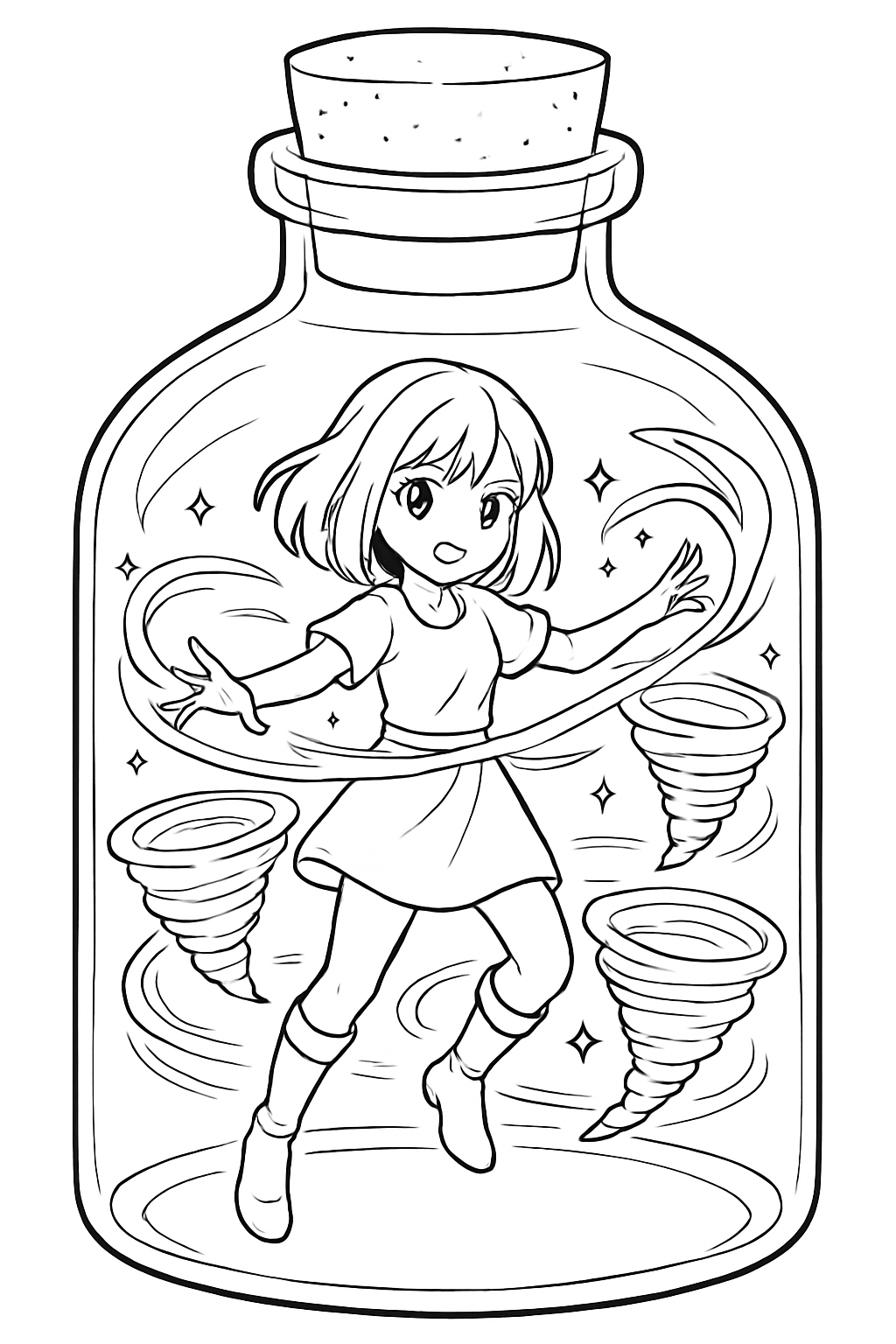 anime girl taming tornadoes inside a glass bottle