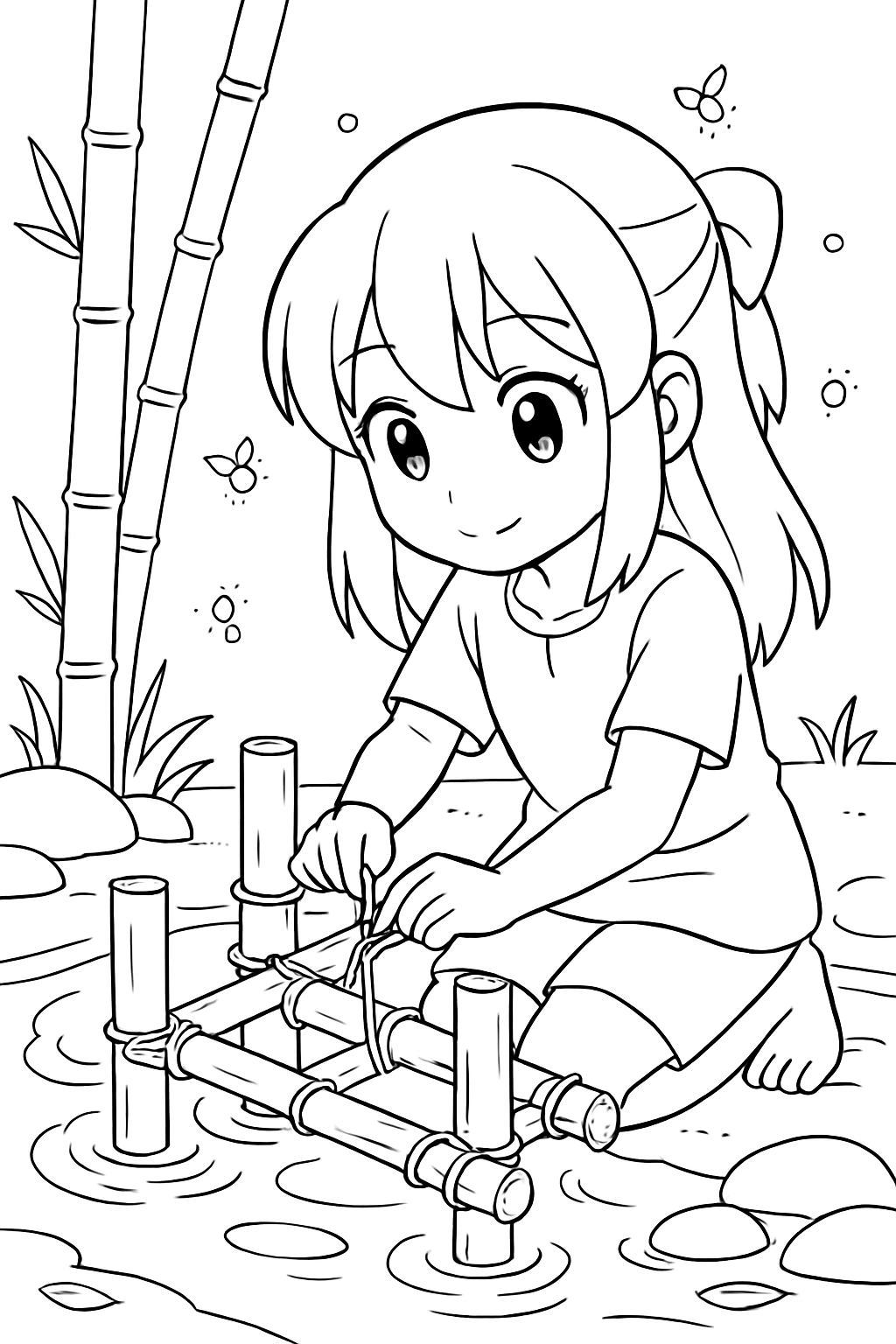 anime girl building a bamboo bridge for fireflies