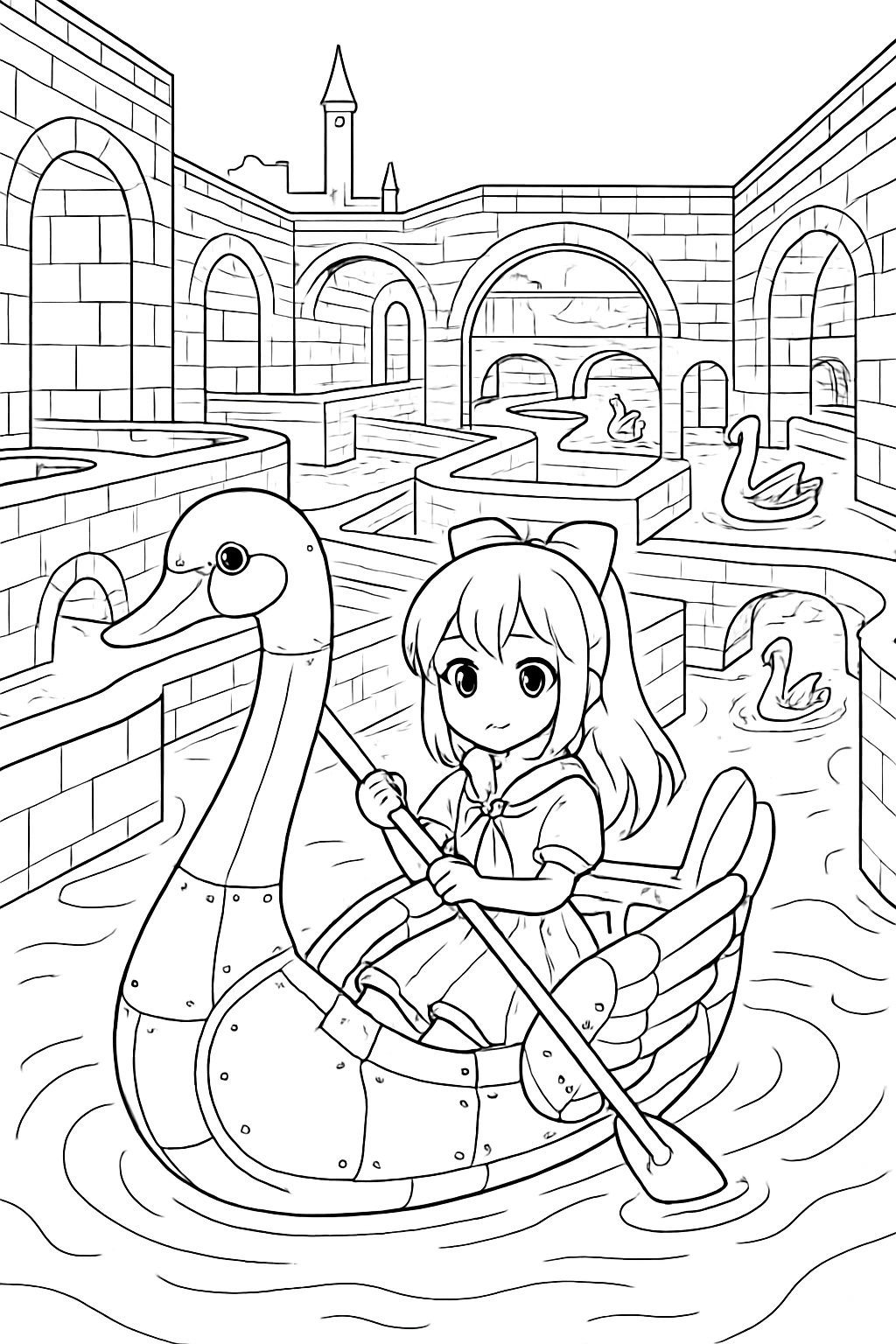 anime girl navigating labyrinthine canals on mechanical swans