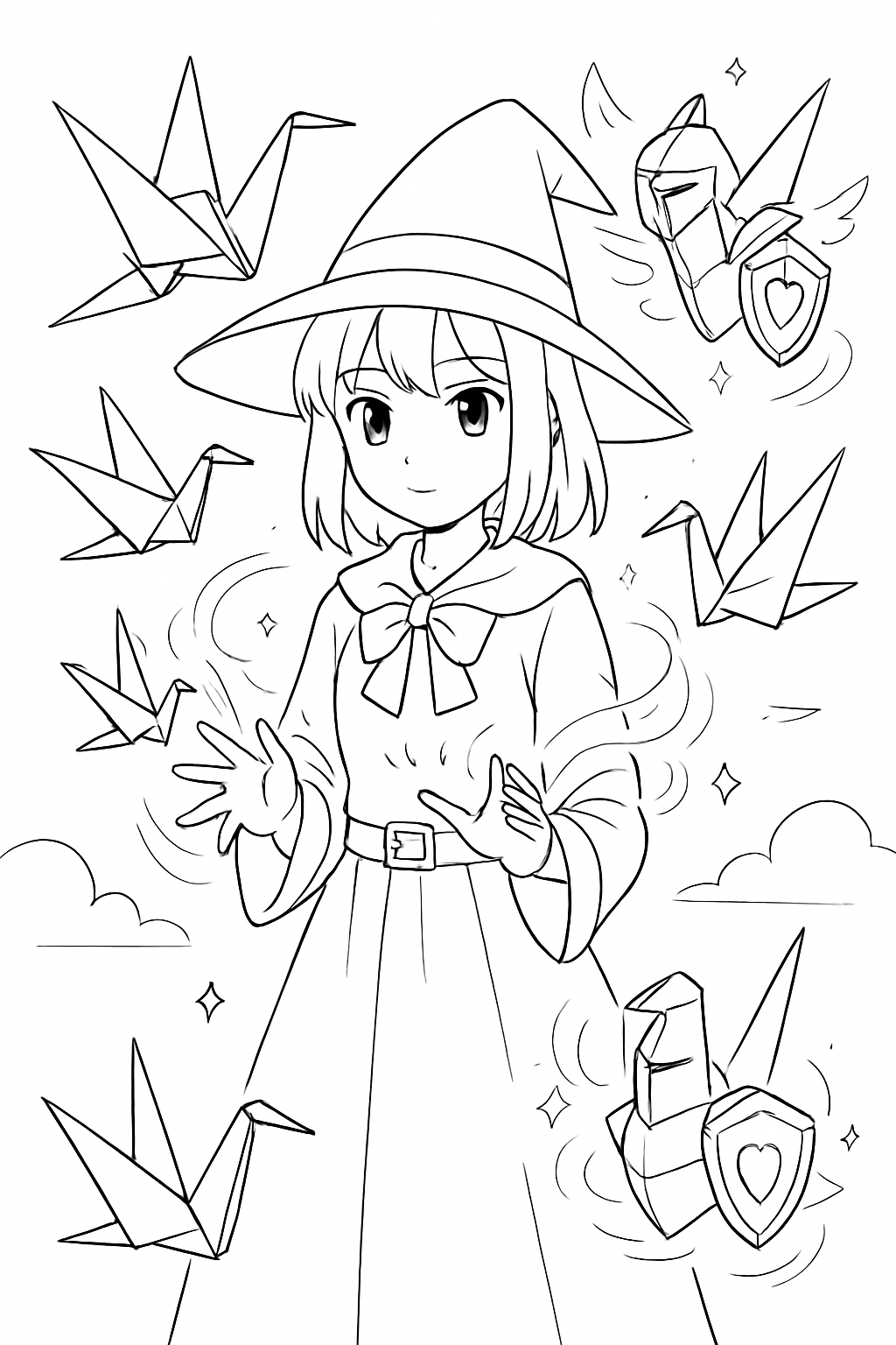 anime girl enchanting paper cranes into protective guardians