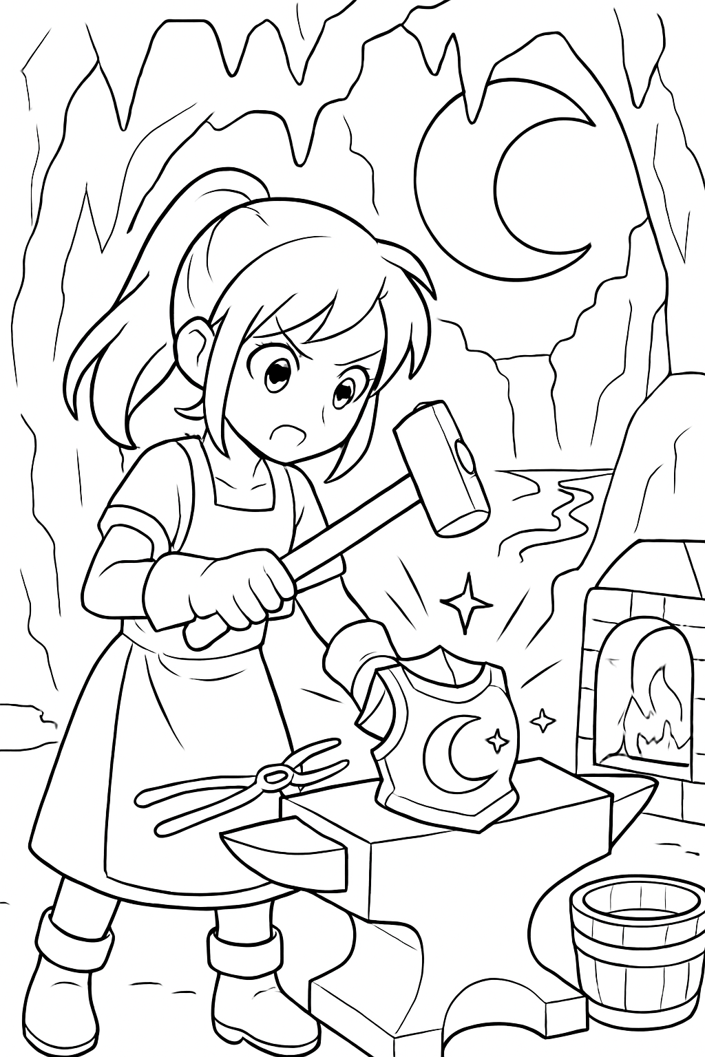 anime girl forging moonlit armor in volcanic caves