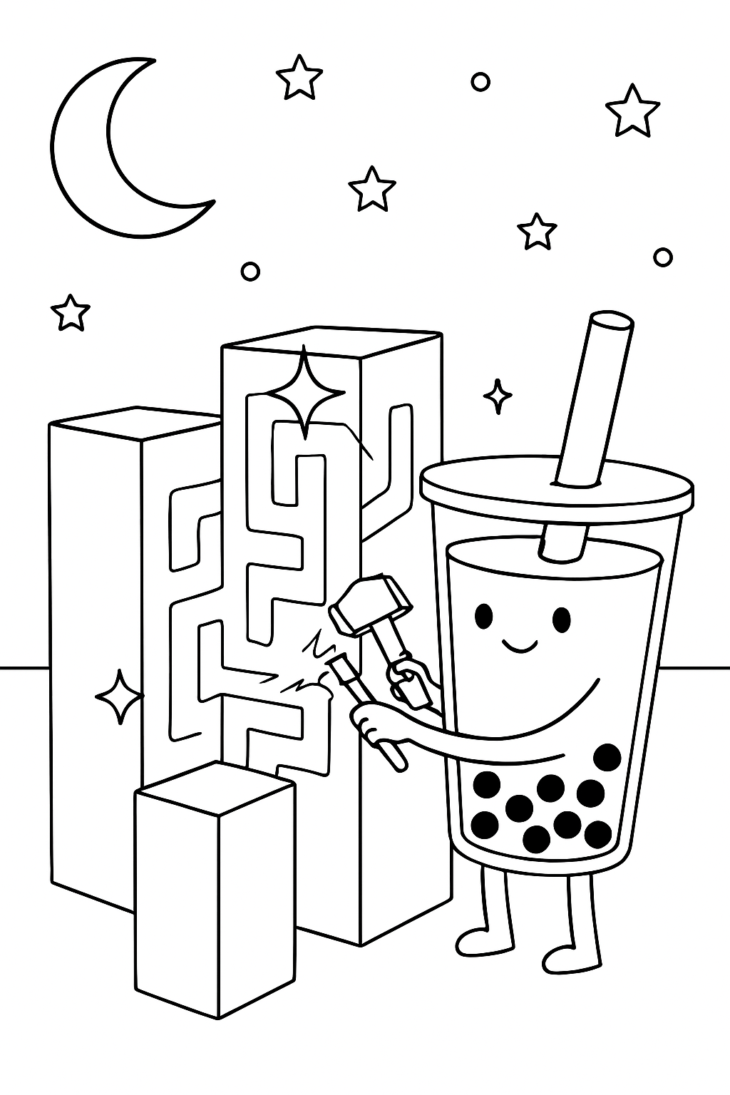 boba tea carving labyrinthine ice sculptures at midnight