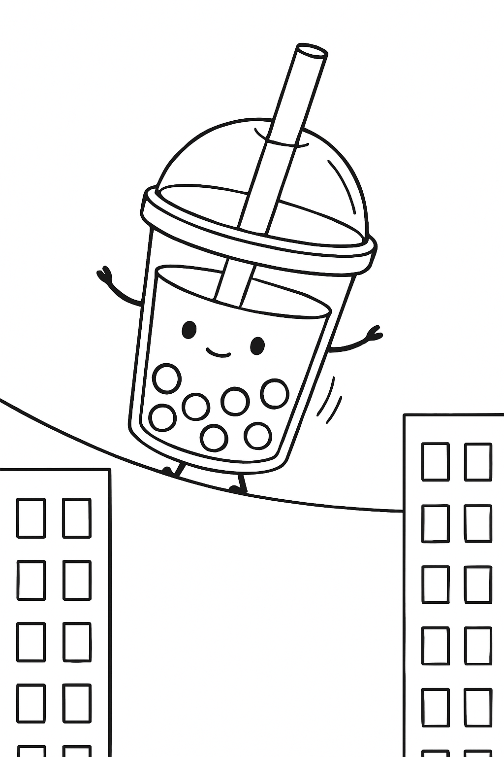 boba tea balancing on tightrope between skyscrapers