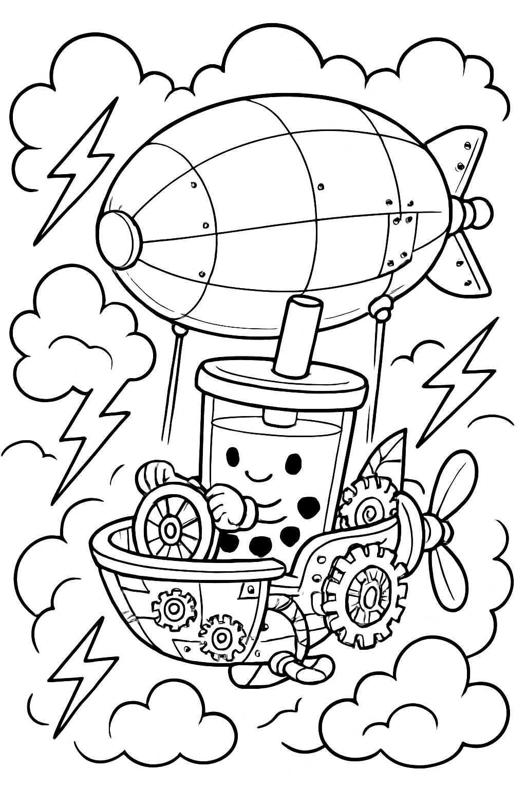 boba tea piloting clockwork airship through thunderclouds