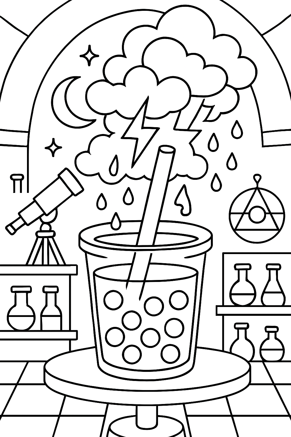 boba tea brewing stormclouds in alchemy observatory