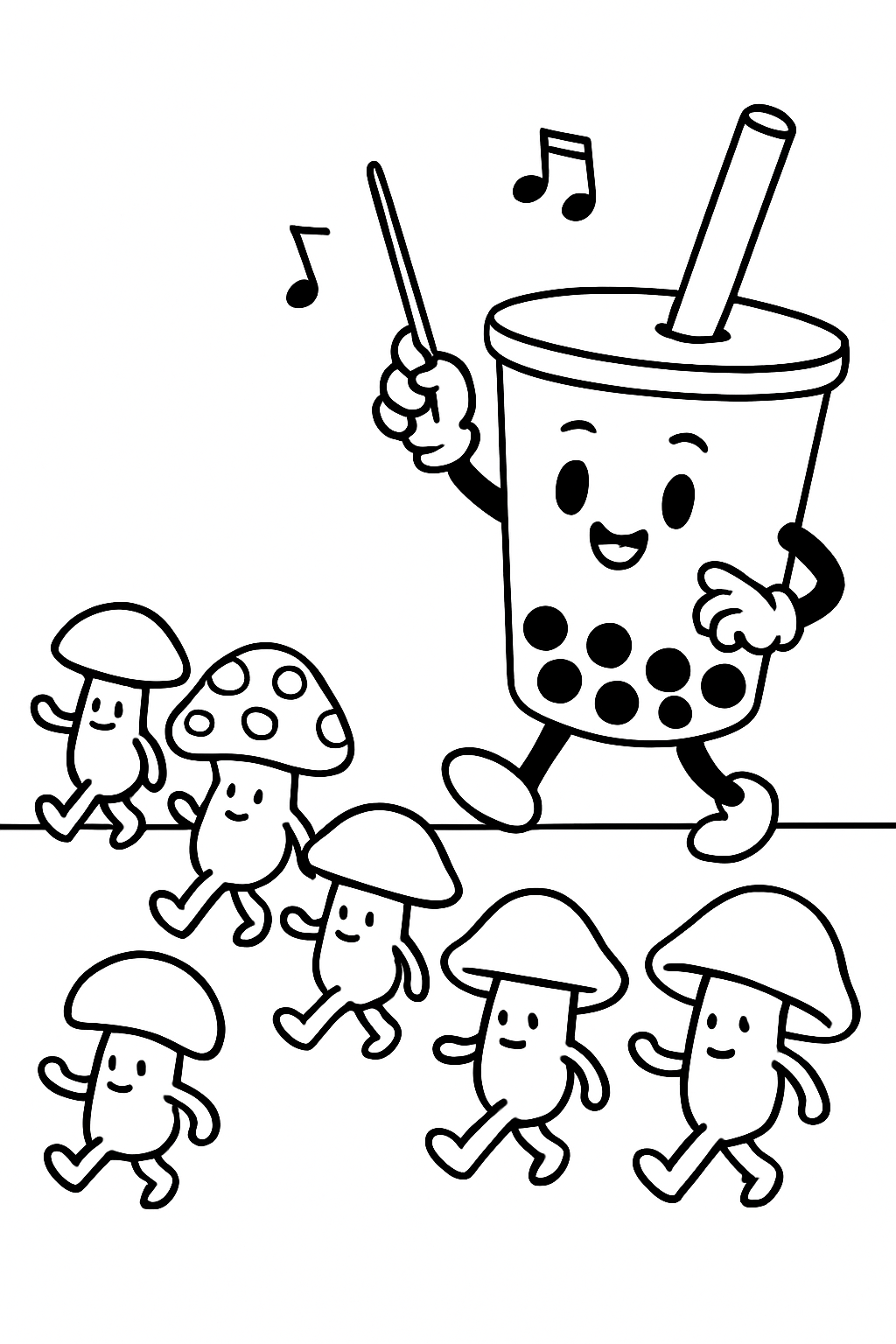 boba tea conducting parade of marching mushrooms
