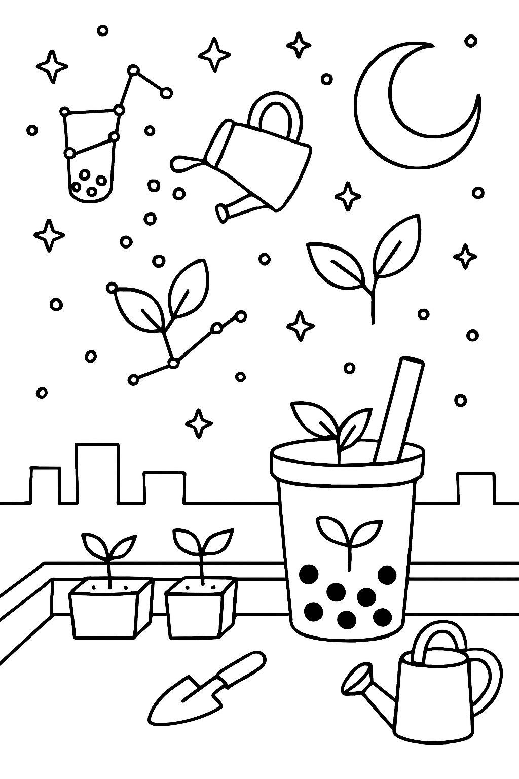 boba tea gardening constellations on midnight rooftop