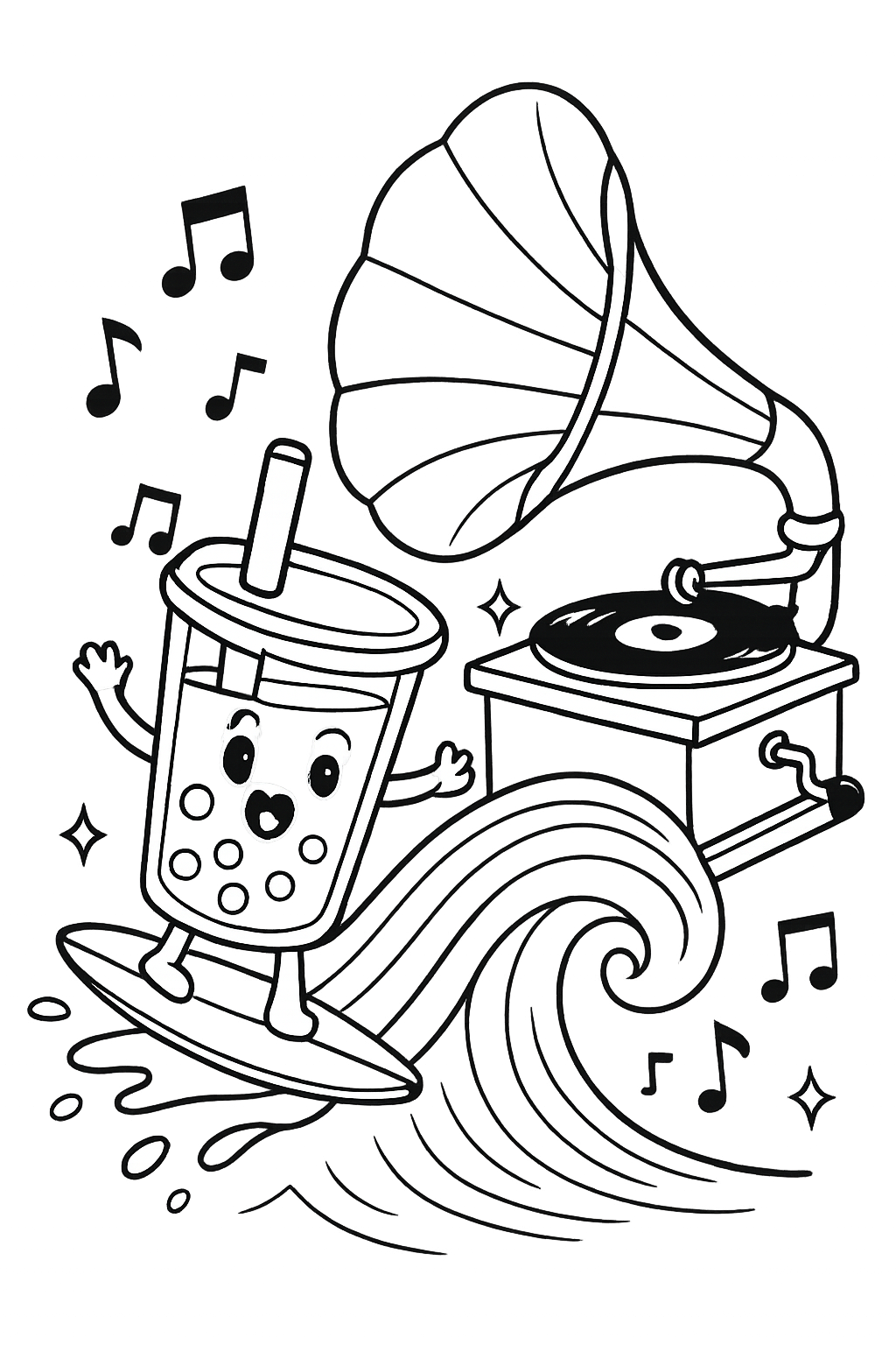 boba tea surfing soundwaves from giant phonograph