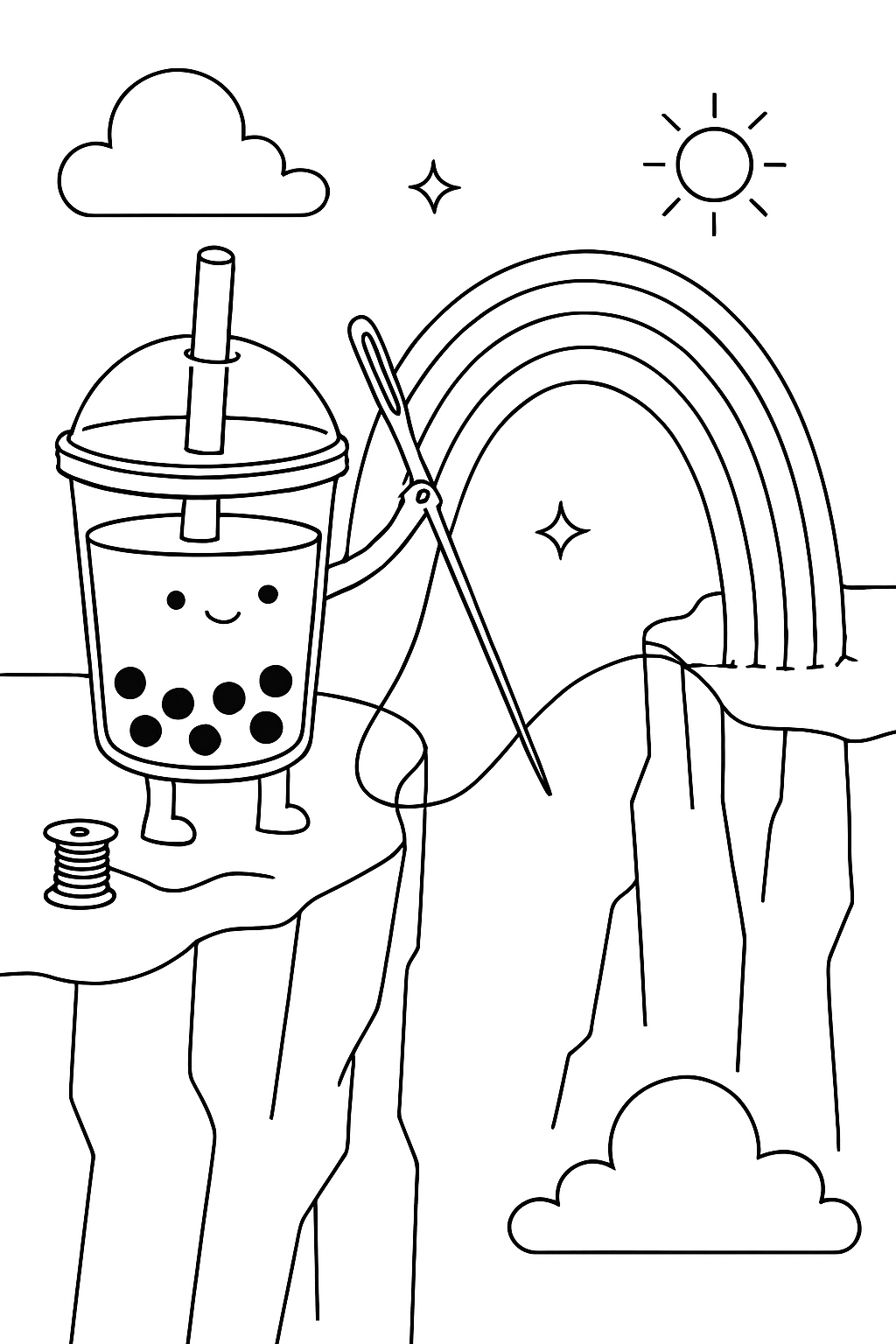 boba tea stitching rainbows between distant cliffs