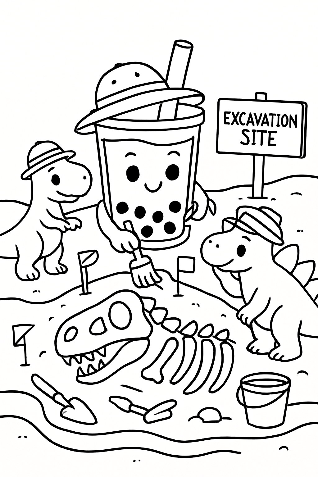 boba tea excavating fossils with polite dinosaurs